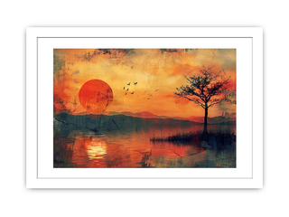 Framed artwork of a sunset over a lake with a tree and birds.