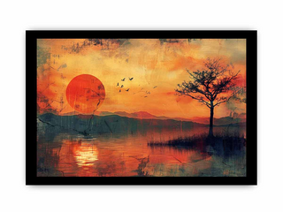 Framed artwork of a sunset over water with a tree and birds.