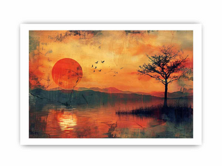 Artistic depiction of a sunset over water with a tree and birds.