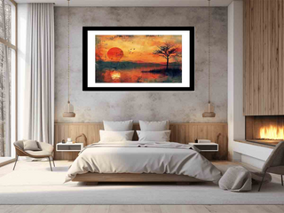 Modern bedroom with a large painting of a sunset over water on the wall.