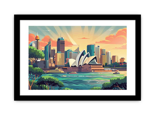 Framed artwork of a city skyline with a prominent opera house.