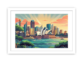 Framed artwork of a city skyline with a prominent opera house.
