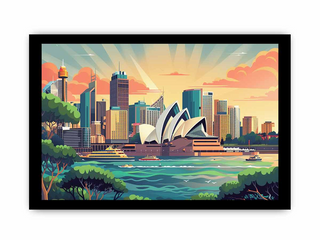 Framed artwork of a cityscape with a prominent opera house.