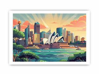 Illustration of a city skyline with the Sydney Opera House and Opera House, featuring a colorful sunset.