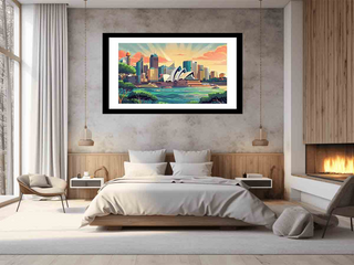 Framed artwork of a cityscape above a bed in a modern bedroom.