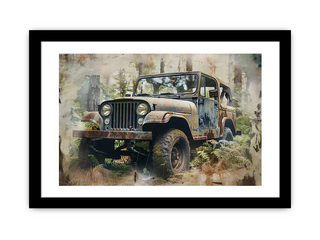 Framed artwork of a vintage jeep in a forest setting