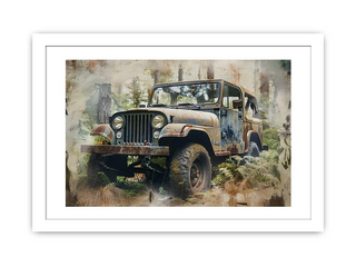 Framed print of a vintage jeep in a forest setting