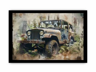 Framed artwork of a vintage Jeep in a forest setting