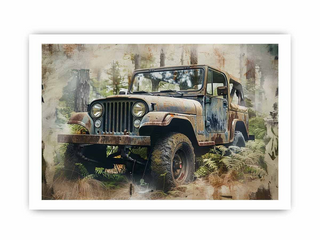 Rustic old Jeep in a forest setting with a textured wall background