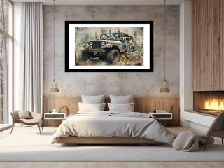 Framed artwork of a vintage car on a wall above a bed in a modern bedroom.