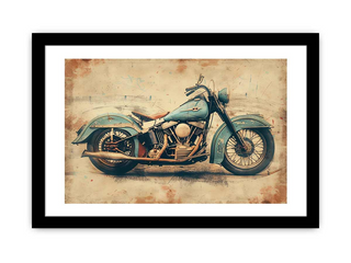 Framed artwork of a vintage motorcycle on a textured background