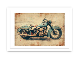 Framed artwork of a vintage motorcycle on a textured background