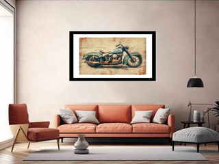 Framed artwork of a vintage motorcycle on a wall above a sofa in a living room.