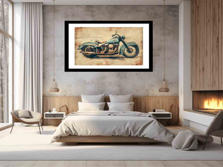 Framed artwork of a vintage motorcycle on a wall above a bed in a modern bedroom.