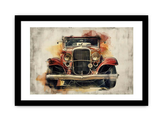 Framed artwork of a vintage car's front grille on a textured background