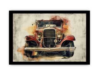 Framed artwork of a vintage car on a textured background