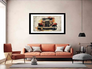Living room with a framed painting of a vintage car above an orange sofa.