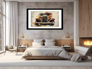 Framed artwork of a vintage car on a wall above a bed in a modern bedroom.
