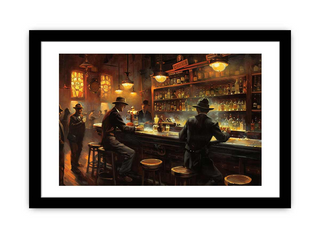 Framed artwork of a bar scene with people and bottles.