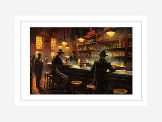 Framed artwork of a bar scene with people and bottles.