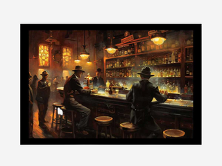 Dramatic depiction of a bar scene with patrons and a bartender in a dimly lit setting.