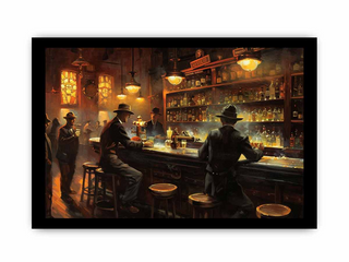 Dramatic painting of a bar scene with patrons and a bartender.