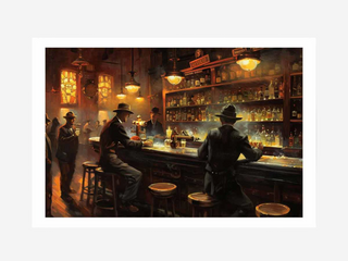 Dramatic painting of a bar scene with patrons and a bartender.