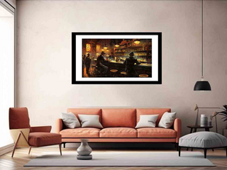 Framed artwork of a bar scene on a wall above an orange sofa in a living room.