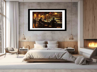 Framed artwork of a bar scene on a wall above a bed in a modern bedroom.