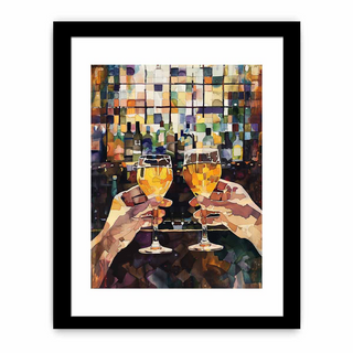 Framed artwork of two hands clinking glasses in a bar setting.