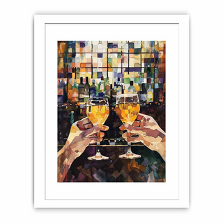 Framed artwork of two hands clinking wine glasses in front of a colorful bar window.