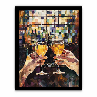Artistic depiction of two hands clinking champagne glasses in front of a bar with bottles and glasses.
