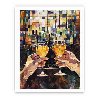 Artistic depiction of two hands clinking champagne glasses in a bar setting.