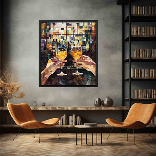 Framed abstract artwork of two hands clinking glasses in a living room setting.