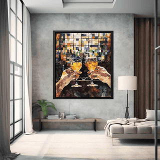 Modern living room with a colorful abstract painting of wine glasses on a gray wall.