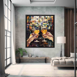 Framed artwork of two hands clinking glasses in a living room setting.