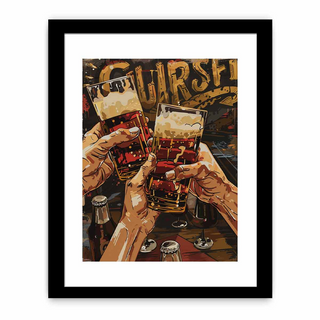 Framed artwork of hands clinking glasses with drinks in a bar setting.