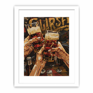 Framed artwork of hands holding glasses with drinks, featuring the word 'Cheers' in the background.