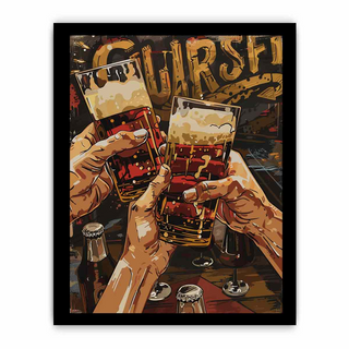 Illustration of hands clinking beer glasses with a bar background