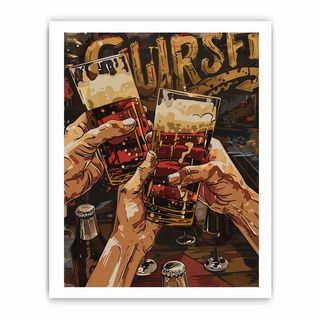 Illustration of hands clinking beer glasses with a bar background