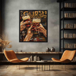 Framed artwork of hands holding glasses with a drink, titled 'Curse!', in a room with two orange chairs and a bookshelf.