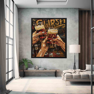 Framed artwork of hands clinking glasses with beer on a wall in a modern living room.
