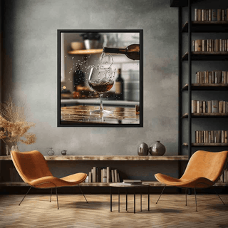 Framed artwork of a wine bottle being poured into a glass in a modern living room.