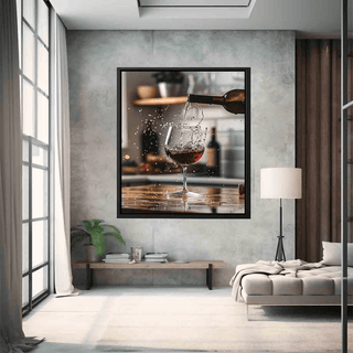 Framed artwork of a wine bottle being poured into a glass in a modern living room.