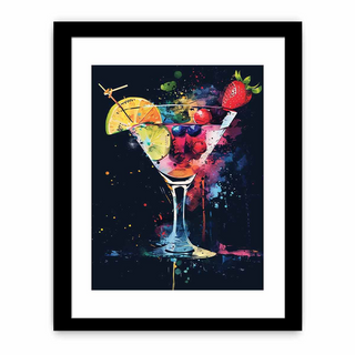 Framed artwork of a colorful cocktail with fruit garnishes on a dark background
