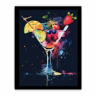 Colorful abstract painting of a cocktail with fruit garnishes on a dark background