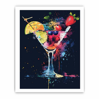 Colorful painting of a cocktail with fruit on a dark background