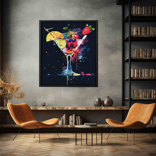Colorful cocktail painting on a wall above two orange chairs in a room with a bookshelf.
