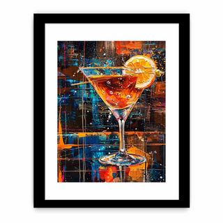 Framed artwork of a cocktail with a cityscape background