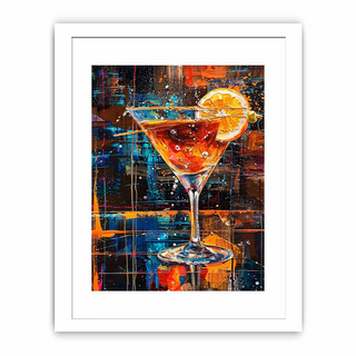 Framed artwork of a cocktail with a cityscape background